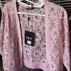 YibeiYou Pink Floral Lace Open Shrugged 3/4 Sleeves Top size 3X Runs like XL
